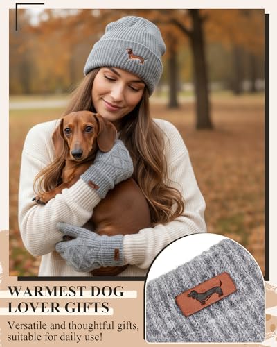Geyoga Dackel Motiv Geschenke für Frauen Mütze Handschuh Sets Warme Strickmütze Winter Beanie Mütze Strickhandschuhe Fleecehandschuhe Geschenk für Hundebesitzer(Grau,Dackel)
