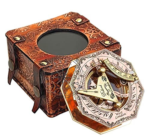 Hanzla Collection Brass & Copper Sundial Compass, Antique Sundial Clock, Sun Clock In Leather Box Ship Replica Gift Sun Watch #TOP5
