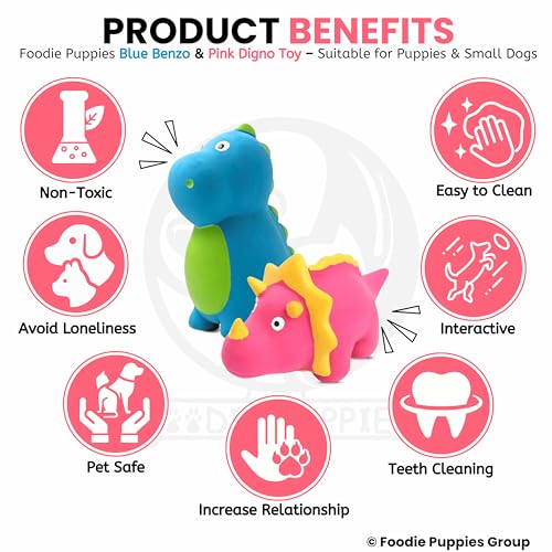 Image of Foodie Puppies Dog Squeaky Chew Latex Rubber Toy Combo (Pink Dino + Blue Benzo) for Small Dogs & Puppies | Durable, Soft Animal Design | Fetch & Chew Safe Play Toys