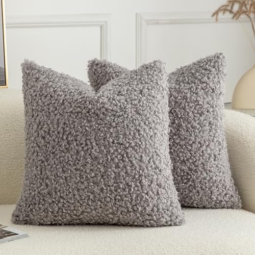 Image of Pack of 2 Curly Teddy Wool Faux Fur Throw Pillow Covers Fuzzy Accent Soft Sherpa Pillowcases Sheepskin Fleece Decorative Cushion Case for Sofa Couch Living Room 26x26 Inch Light Grey