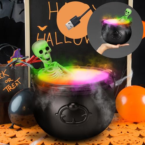 Halloween Decorations Indoor - Witch Cauldron with LED Fog Maker & Poseable Skeleton - Spooky Hocus Pocus Party Decor for Home Table Mantel Kitchen - Vintage Magic Brew Cauldron Set