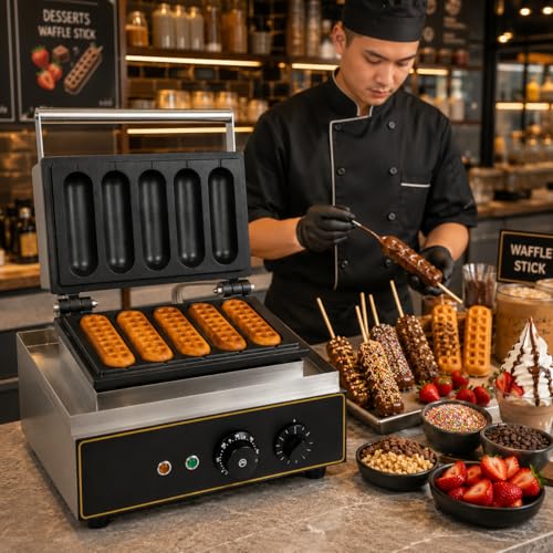 Image of 5 Stick Waffle Maker Machine, Commercial Electric Waffle Stick Maker, Professional Belgian Waffle Machine for Cafe Bakery