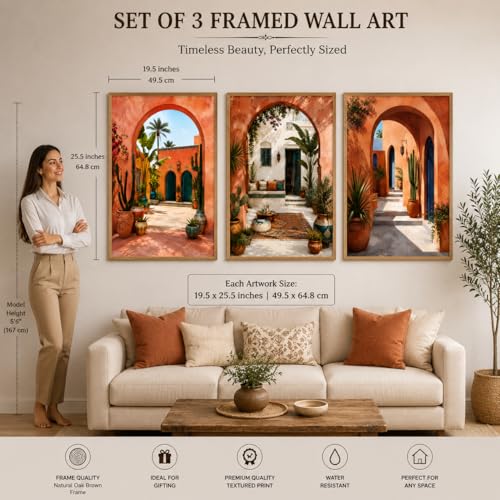 Image of Livin'luxe Set of 3 Mediterranean Arch Courtyard Wall Paintings for Living Room Bedroom Hallway Decor with Premium Wooden Color Synthetic Frame (25.5 x 19.5 Inch) NM03-99