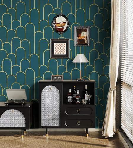 Image of VKR Modern Geometric Peel and Stick Wallpaper Roll | Self Adhesive Waterproof Vinyl Wall Covering for Bedroom, Living Room, Office, Cabinet & Furniture Decor (45 x 300cm, Teal Gold Pattern)