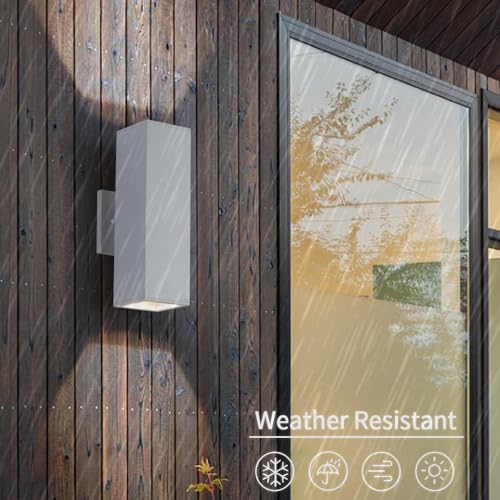 Image of Cerdeco 13 inch White Square Modern Outdoor Wall Light Exterior Wall Sconce | E26 Base,UL listed,Aluminum Up and Down Lights Outdoor Exterior Wall Light Fixture Porch Light for House Garage Patio Garden