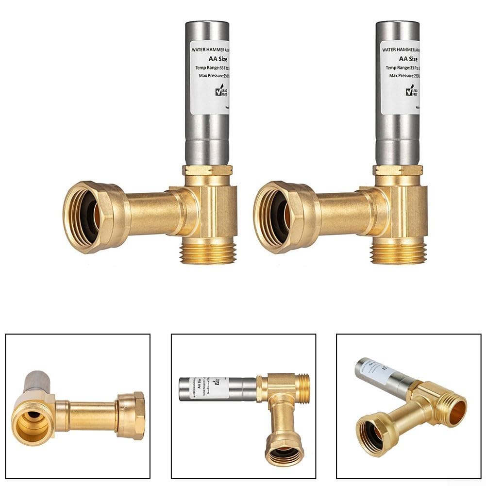 Pararrayos de martillo de agua en ángulo de 3/4 pulgadas para lavadoras, construcción de acero inoxidable y latón, absorción de impactos para sistemas de fontanería, paquete de 2