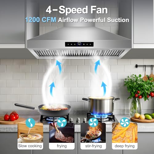Image of 48 inch Range Hood Wall Mount, 1500 CFM with 4-Speed Gesture Sensing & Touch Control, Stainless Steel Ducted Kitchen Stove Vent Hoods with 4 LED Lights, Time Setting, Dishwasher-Safe Baffle Filters