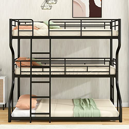 Triple Bunk Beds Full XL Over Twin XL Over Queen Size, Metal Bunk Bed Frame 3 Bed Bunk Beds for Kids Teens Boys Girls with 2 Ladder/Full-Length Guardrails (Black)