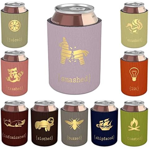 Retro Colored Beer Can Coolers (Set of 10) - Funny Gold Drinking Designs - Girls Trip Gifts Favors - Bachelorette Party - Adult Party Favors Cover