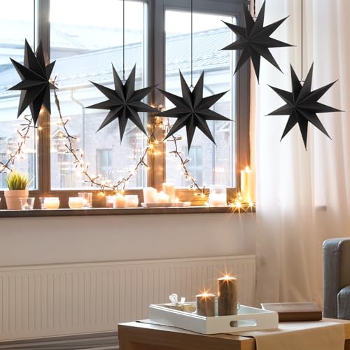 Image of SUNBEAUTY 5 Pcs 9-Pointed Black Paper Star Lanterns 12 Inch Hanging Lamp Black Paper Funeral Decorations Christmas Birthday Home Holiday Party Decorations