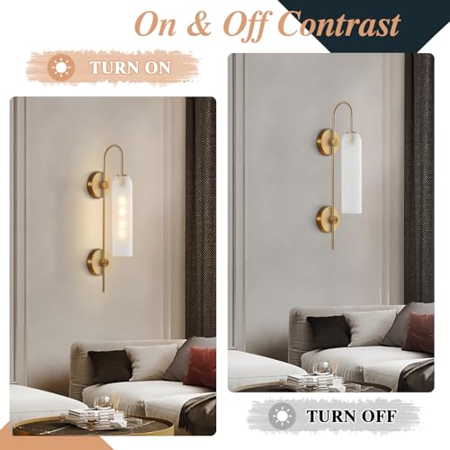 Image of BOKT Mid Century Modern 1-Light Wall Mounted Light Brushed Gold Metal Wall Sconce Lighting Minimalist Anti Brass Wall Sconce Lamp White Glass Bathroom Vanity Light Fixture (White)