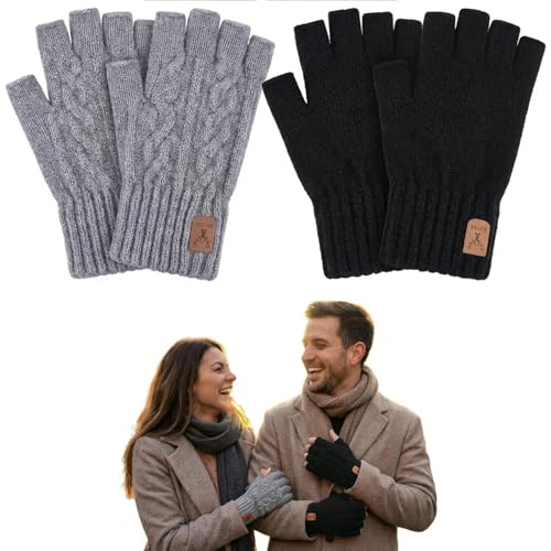 LEOUEANR 2 pares de guantes sin dedos, térmicos de invierno, suaves, elásticos, para hombres y mujeres, ajuste cómodo, guantes de medio dedo para correr, ciclismo, al aire libre (negro y gris claro)