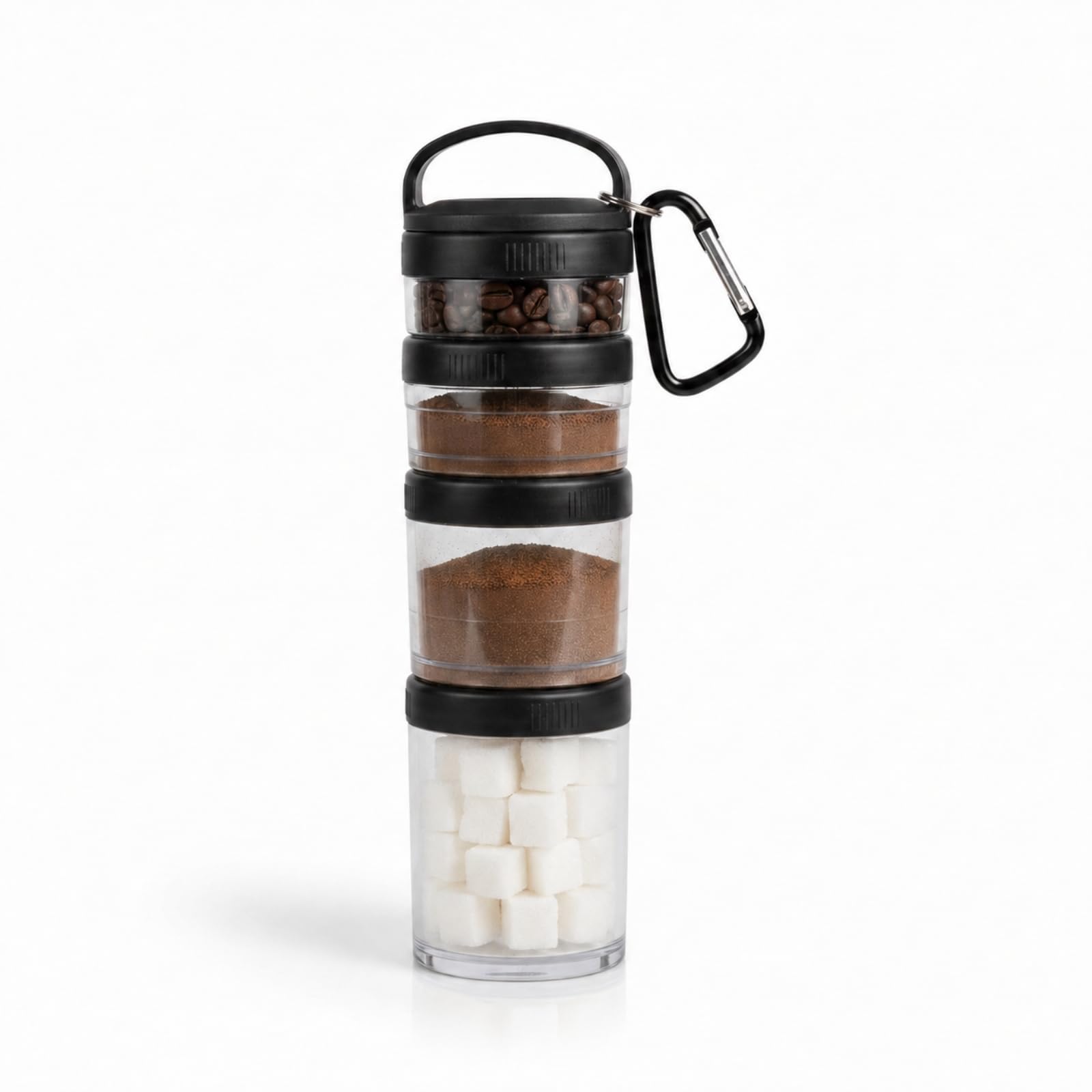 Raoletin Modular Coffee Bean Storage Clear Container, 4 Layer Portable Coffee Canister with Black Lids and Handle for Travel, Plastic Air Tight Coffee Container for Beans, Grounds, Tea and Snacks