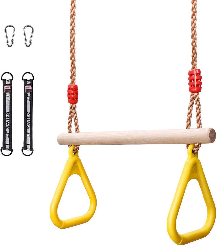 etonweag Children Trapeze Swing Bar with Rings, Swing Set Accessories Outdoor, Indoor Gym Swingset, Wooden Playset with Plastic Rings for Kids with Adjustable Rope, Connection Buckles, Hanging Straps