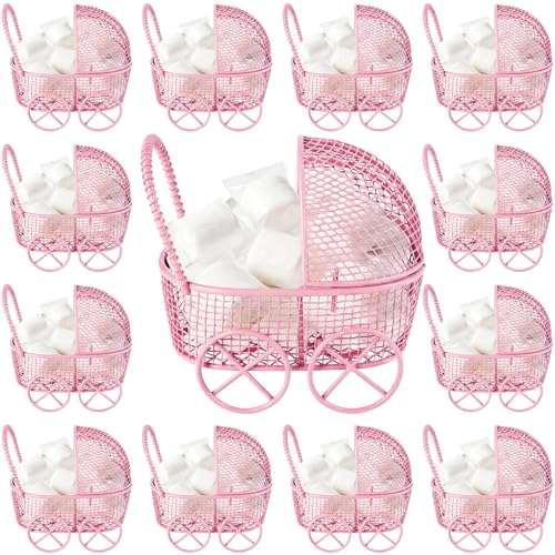 Threehoney 12 Pcs Baby Shower Mini Carriage Decoration Pink Metal Wired Fillable Candy Stroller Baby Shower Table Centerpiece for Guest Gender Reveal Wedding Party Favor Gift