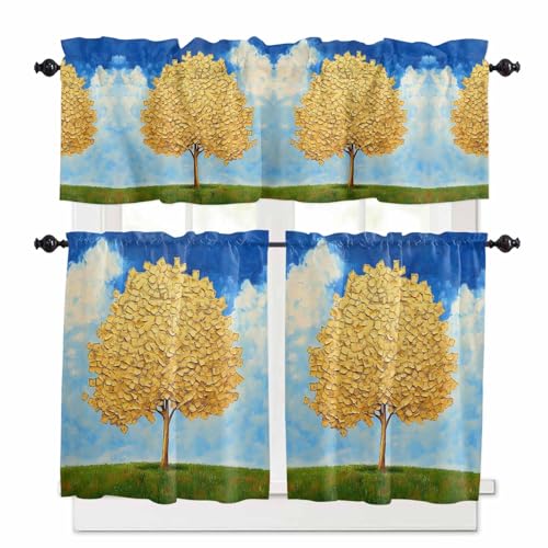 Yellow Tree Leaves Kitchen Curtains 36 Inch Length,3 Piece Rod Pocket Small Half Tiers and Valance Set,Blue Sky Watercolor Gradient Painting Small Large Window Treatment Decor for Bedroom/Bathroom