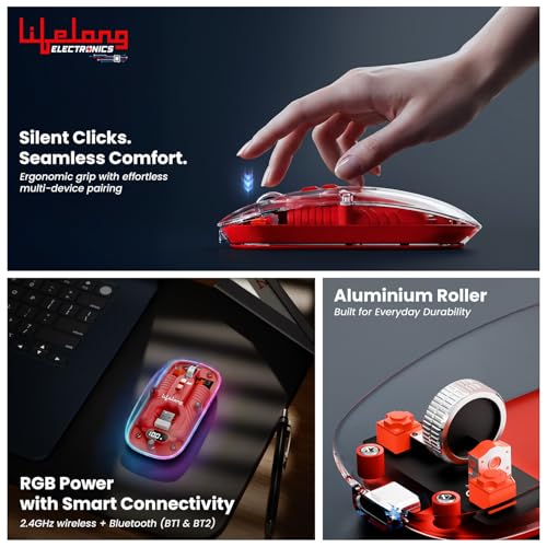 Image of Lifelong Electronics CursorClix Transparent Rechargeable Mouse | Battery Display | Tri-Wireless (2 Bluetooth + 1 USB Receiver) | RGB Light | 4800 DPI | Silent | for PC, Laptop, MacBook, Gaming & Work