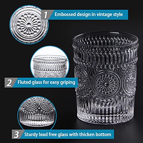Image of MDLUU 6-Pack Embossed Drinking Glasses, Romantic Glassware, Vintage Glass Tumblers for Juice, Beverages, Cocktail, Capacity 9oz /265ml
