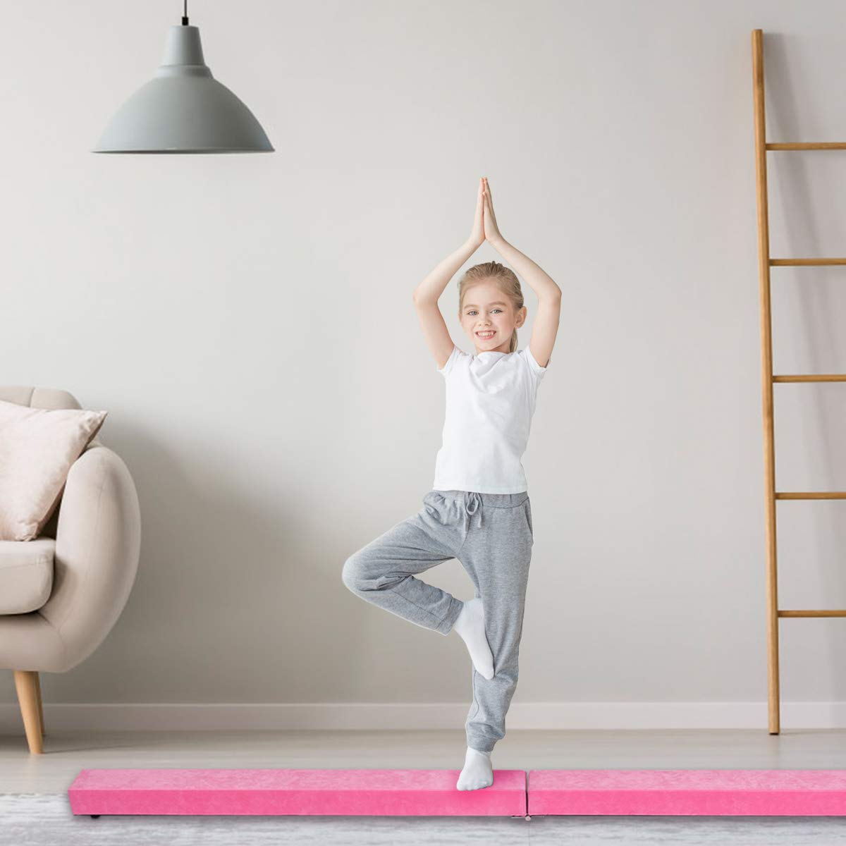 DREAMADE Poutre de Gymnastique d’Equilibre Piable avec Pieds Surélevés en Finette, EPE et Pin 210 X 10 X 6,5 CM Entraînement de Gymnastique à Domicile Idéale pour Enfants et Adultes
