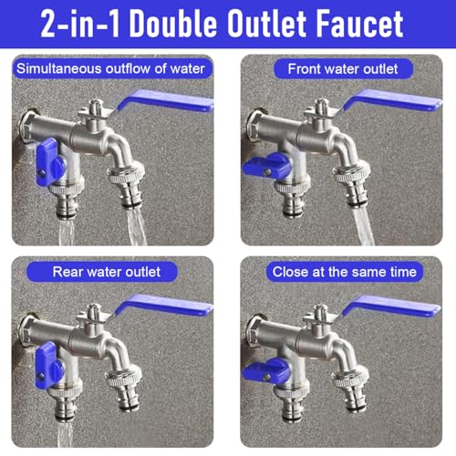 Image of HASTHIP Double Valve Water Tap, Dual Outlet Tap with Divided Valve Control Heavy Duty Zinc Alloy Tap