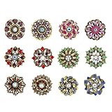 12 PCS Antique Gold Tone Small Size Mixed Color Crystal Rhinestone Flower Brooch Pins for Women Crafts Wedding Bouquet Brooches Bulk Set