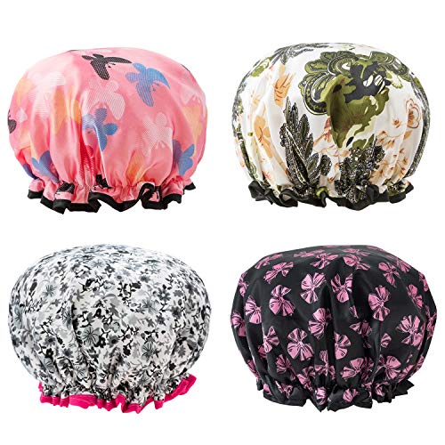 Shower Caps 4 Pack Bath Caps Perfect for Women most Hair Lengths and Thicknesses - Waterproof - Double Layer, Upgraded Version (Style 2)