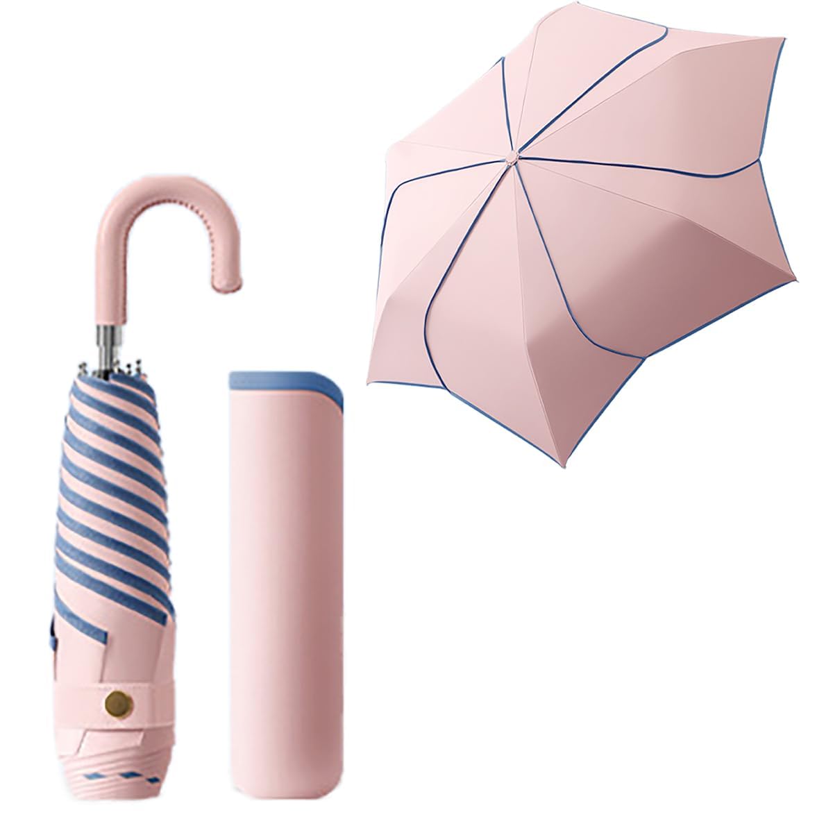 Blütenblattform Reise Faltender Regenschirm Mit Hakenförmigem Griff aus PU-Leder/ Leicht Taschenschirm für Kinder Damen/6 Rippen/Teflon Beschichtung/Sonnenschutz/Freien UV/Tasche Rucksack