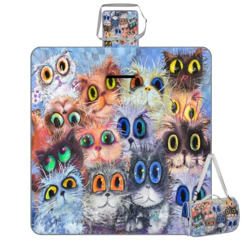 Shimoshe Picnic Blankets 57”x 59”, Watercolor Cat Waterproof Sandproof Picnic Mat Lightweight Foldable Beach Blanket for Camping Park Grass Beach Outdoor Blanket