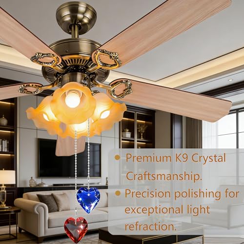 Image of 2Pcs Crystal Ceiling Fan Pull Chain Extender with Connector, 12 inch | K9 Crystal Glass, Not Acrylic, Heart Prism, Cut-To-Length Adjustable, Snap-On Connector For Fan, Light, Lamp (Amber+Blue)