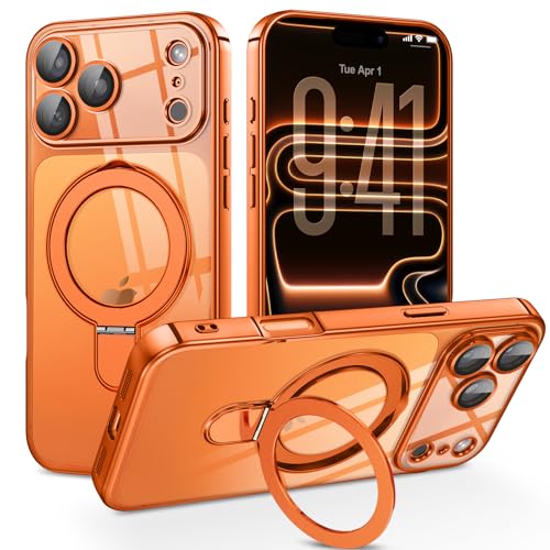 BENTOBEN Magnetic Case for iPhone 17 Pro [Compatible with MagSafe] Adjustable Ring Stand Full Camera Lens Protector Clear Anti-yellow Military Drop Protection Case for iPhone 17 Pro Cosmic Orange