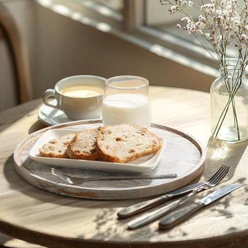 Image of WOOYNEX Round Decorative Tray Serving Trays for Food and Drinks Rustic Wooden Coffee Table Trays Home Decor Farmhouse Centerpiece One Set of Ottoman Kitchen countertops (White Wash)
