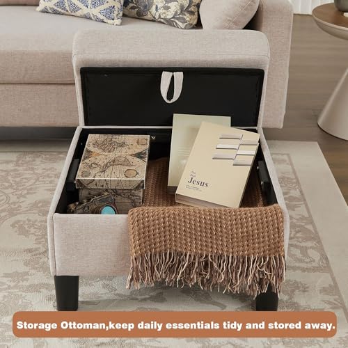 Image of 101 inch Sectional Sofa U Shaped Couch with Storage Ottomans, 4 Seater Convertible Couches for Living Room | Linen Fabric | 2 Movable Ottoman Reversible Chaises | Sectional Couch Set, Beige