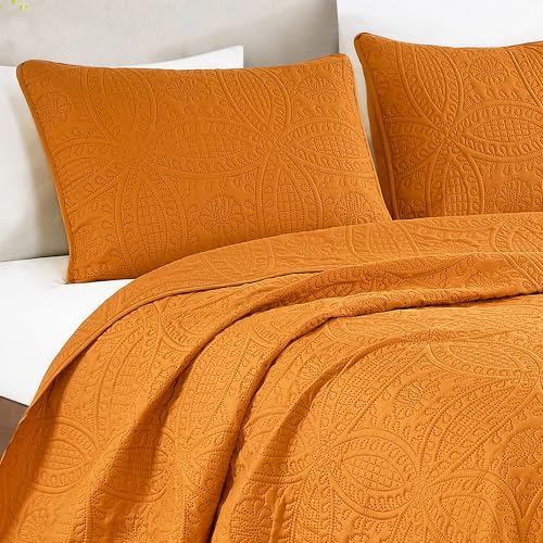 Image of Chezmoi Collection Austin King Oversized Bedspread Set, 3-Piece Pinsonic Quilted Lightweight Microfiber Bedspread Coverlet, Orange
