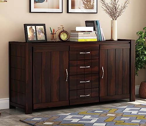Image of Solid Sheesham Wood Wooden Sideboard Storage Cabinet & Chest of Drawer : Ideal for Living Room and Bedroom with 4 Drawers and 4-Shelf Storage (Chevalier, Walnut Finish)