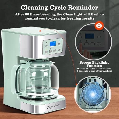 Image of Taylor Swoden 12-Cup Programmable Coffee Maker, Regular & Strong Brew Drip Coffee Machine for Home and Office, Glass Carafe, Pause & Serve, Auto Shut Off, Green & Stainless Steel