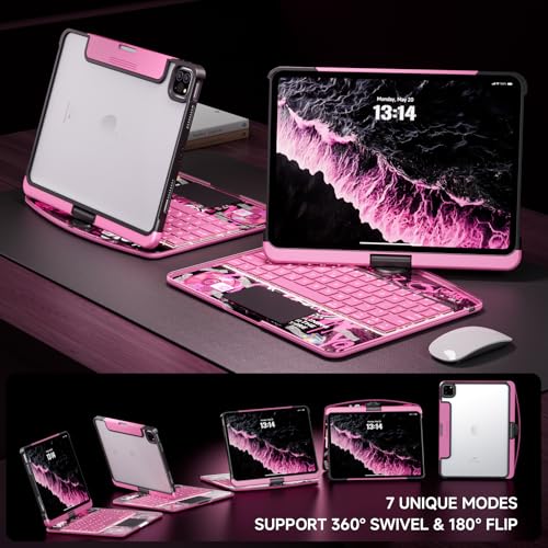 Image of Transparent Case with Keyboard for iPad Pro 13 inch (M5 /M4, 2025 /2024), iPad Pro 13,7-Color Backlit,Magic Wireless Keyboard, 360Rotating,Multi-Touch trackpad,Pencil Holder,with Shortcuts,Pink