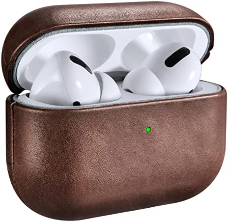 Leather Case for AirPods Pro, ICARERSPACE Premium Genuine Leather Shockproof Protective Case Cover for Apple AirPods Pro Earphones Charging Case (LED Visible) Support Wireless Charger BROWN