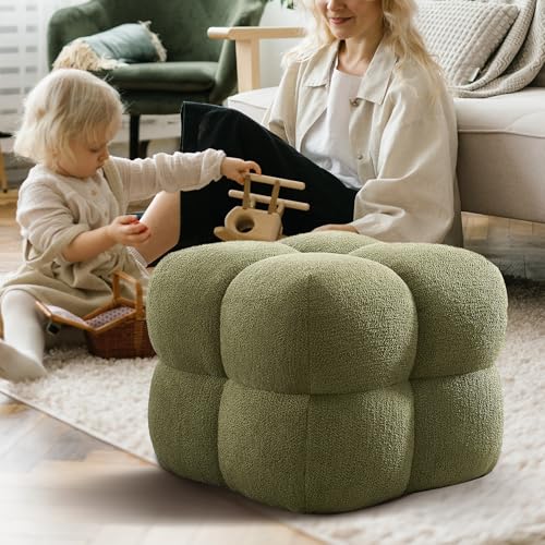 Image of Zesthouse Square Pouf Ottoman Footstool, Modern Backless Vanity Chair for Bedroom, Green Boucle Foot Rest for Couch, Upholstered Tufted Footstool, Poofy Fabric Ottoman Coffee Table for Living Room