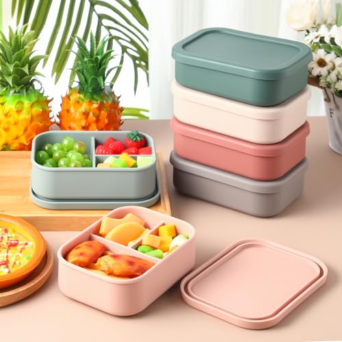 Image of Honeydak 6 Pcs Bright Silicone Bento Boxes, 3 Compartment Lunch Boxes