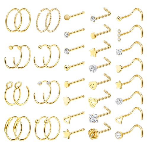 LOLIAS 23/40 Piezas Piercing Nariz Anillo Nariz 20G Plata Piercing Nariz Juego de Acero quirúrgico en Forma L Oro Piercing Nariz con circonita cúbica joyería para Hombres y Mujeres
