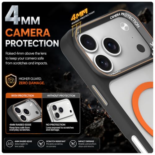 Image of Pikkme Back Cover for iPhone 17 Pro Max | Shockproof | Mag-Safe Compatible | Hard Transparent Back | Premium Raised Camera Protection | Bumper Case (Black & Orange Mag-Safe)