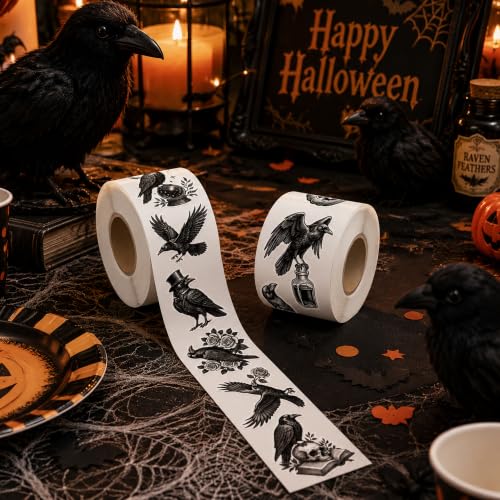 Image of Halloween Raven Bird Sticker for Laptop Water Bottle Scrapbook | 2 Rolls Gothic Vinyl Decals Waterproof Vinyl Strong Adhesion No Residue for Halloween Party Decor Scrapbook Journals