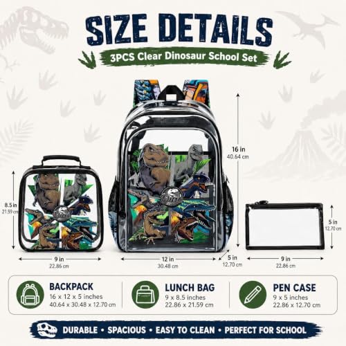 Image of WZLVO Clear Backpack for Kids Boys, 16 inch Heavy Duty PVC Transparent Bookbag with Frame Reflective Strip, Cute See Through School Bags for Elementary Preschool - Awesome Dinosaur Black