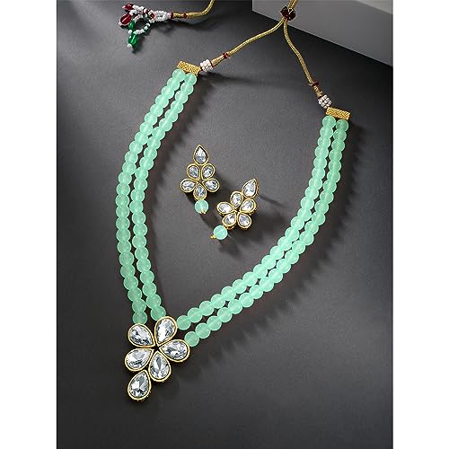 Image of Peora Crystal Faux Pearl Kundan Necklace & Jewellery Set Gift for Women