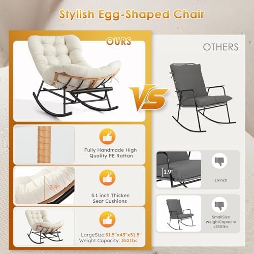 Papasan Rocking Chair, Oversized Lounge Egg Chairs with Thick Removable Cushion, 350 Lbs Comfy Patio Rocker for Balcony, Porch, Garden, Lawn, Living Room, Beige - 4