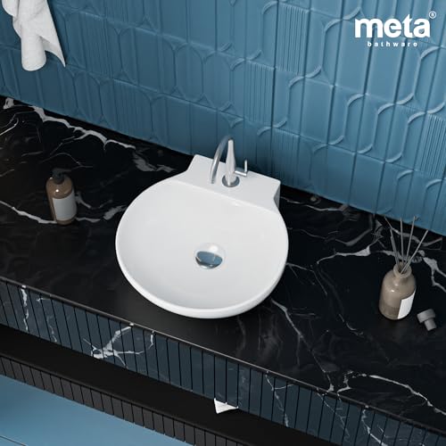 Image of Meta Bathware Premium Round Wash Basin | Wall Mount And Table Top Ceramic Sink for Bathroom | Sleek Glossy Finish | Space-Saving Elegant Vanity Vessel Basin (12x12x5 Inch)