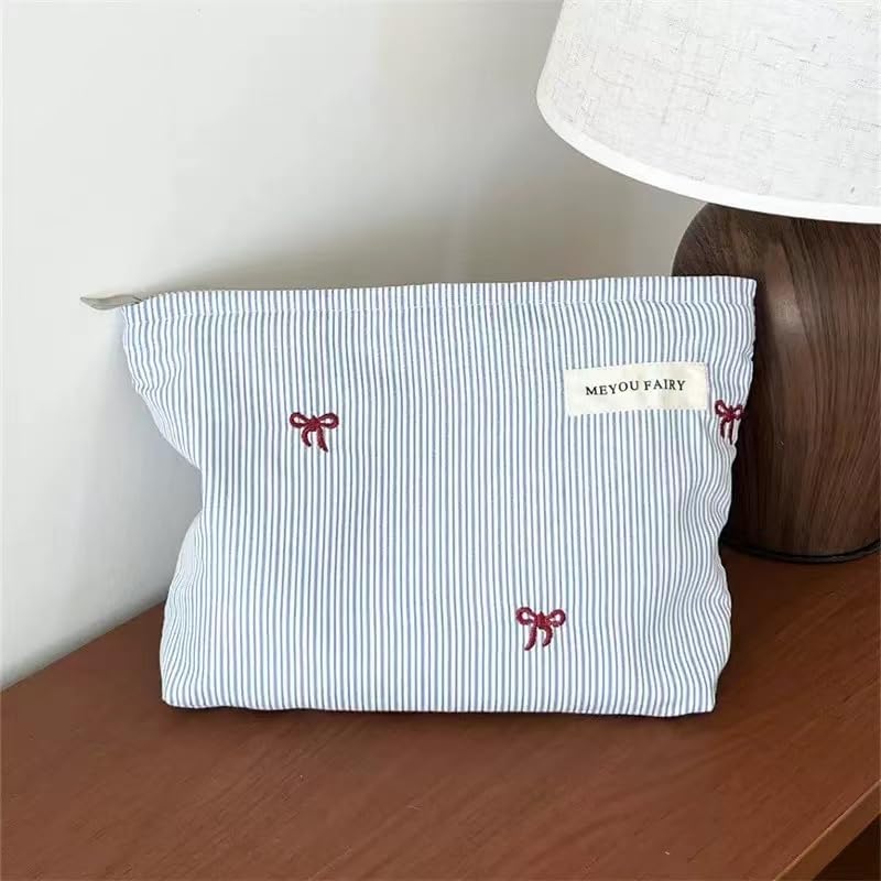 Striped Makeup Bag for Women, Blue Cosmetic Bag with Bow, Travel Toiletry Cosmetic Bag with Zipper, Cute Women Aesthetic Organizer Storage Pouch, Girls Handbags Purses (04 Thin Stripe)2