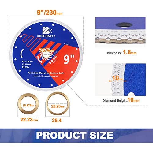 Super Thin Diamond Porcelain Cutting Disc with X Teeth,BRSCHNITT 9 Inch (230mm) Diamond Cutting Disc with Reinforced Core Center for Dry/Wet Cutting Porcelain Tile Ceramic Marble Granite - Image 2