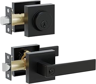 HIDALIFE Heavy Duty Keyed Lever Door Handle and Single Cylinder Deadbolt Combination, Door Handle Lock with Single Keyed Deadbolt, Lock Handle Set, for Office, Front Door(Matte Black)