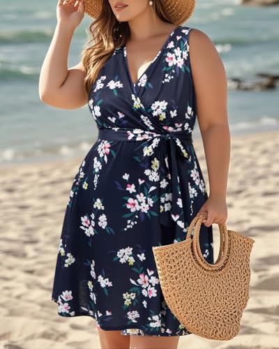 Image of Holipick Women's Plus Size Sleeveless V Neck Wrap Sundress Summer Casual Dress with Pockets